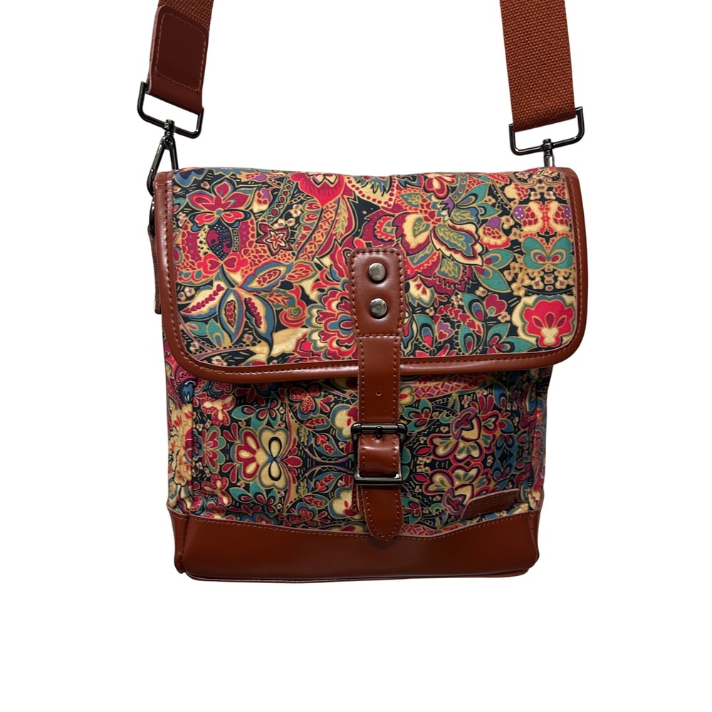 Baosha Floral Paisley Canvas Messenger Bag Brown Faux Leather Crossbody Satchel